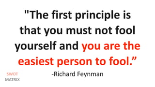"The first principle is
that you must not fool
yourself and you are the
easiest person to fool.”
-Richard FeynmanSWOT
MATRIX
 