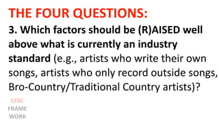 THE FOUR QUESTIONS:
3. Which factors should be (R)AISED well
above what is currently an industry
standard (e.g., artists who write their own
songs, artists who only record outside songs,
Bro-Country/Traditional Country artists)?
EERC
FRAME
WORK
 