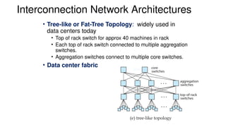 Interconnection Network Architectures
• Tree-like or Fat-Tree Topology: widely used in
data centers today
• Top of rack switch for approx 40 machines in rack
• Each top of rack switch connected to multiple aggregation
switches.
• Aggregation switches connect to multiple core switches.
• Data center fabric
 