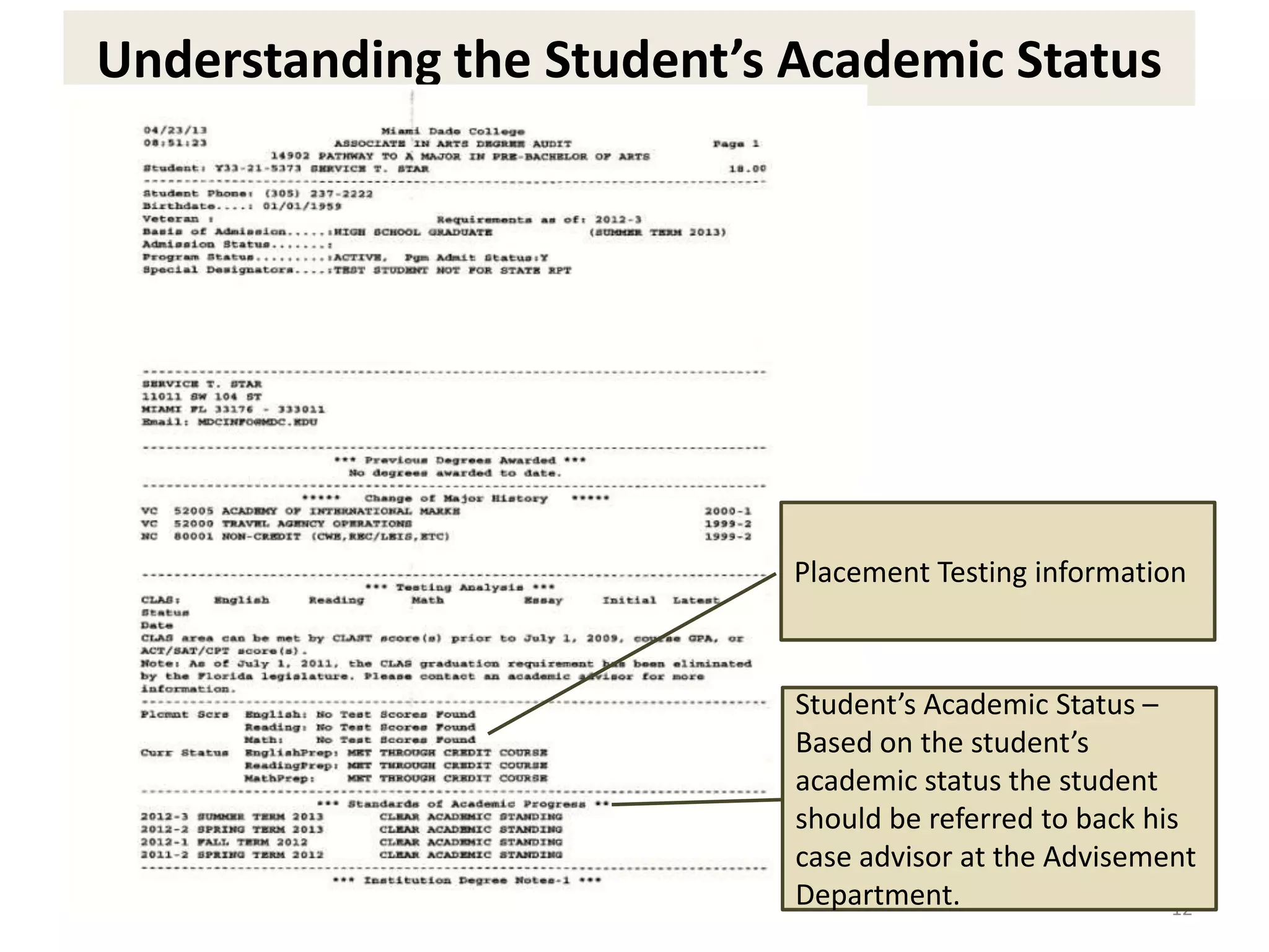 Understanding the Student’s Academic Status
12
Placement Testing information
Student’s Academic Status –
Based on the student’s
academic status the student
should be referred to back his
case advisor at the Advisement
Department.
 