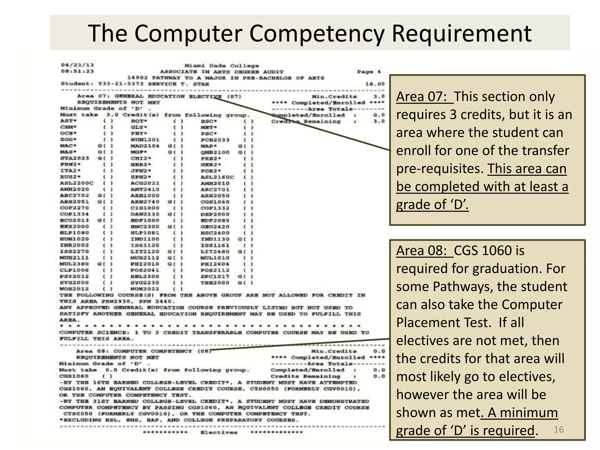 Area 07: This section only
requires 3 credits, but it is an
area where the student can
enroll for one of the transfer
pre-requisites. This area can
be completed with at least a
grade of ‘D’.
Area 08: CGS 1060 is
required for graduation. For
some Pathways, the student
can also take the Computer
Placement Test. If all
electives are not met, then
the credits for that area will
most likely go to electives,
however the area will be
shown as met. A minimum
grade of ‘D’ is required.
The Computer Competency Requirement
16
 