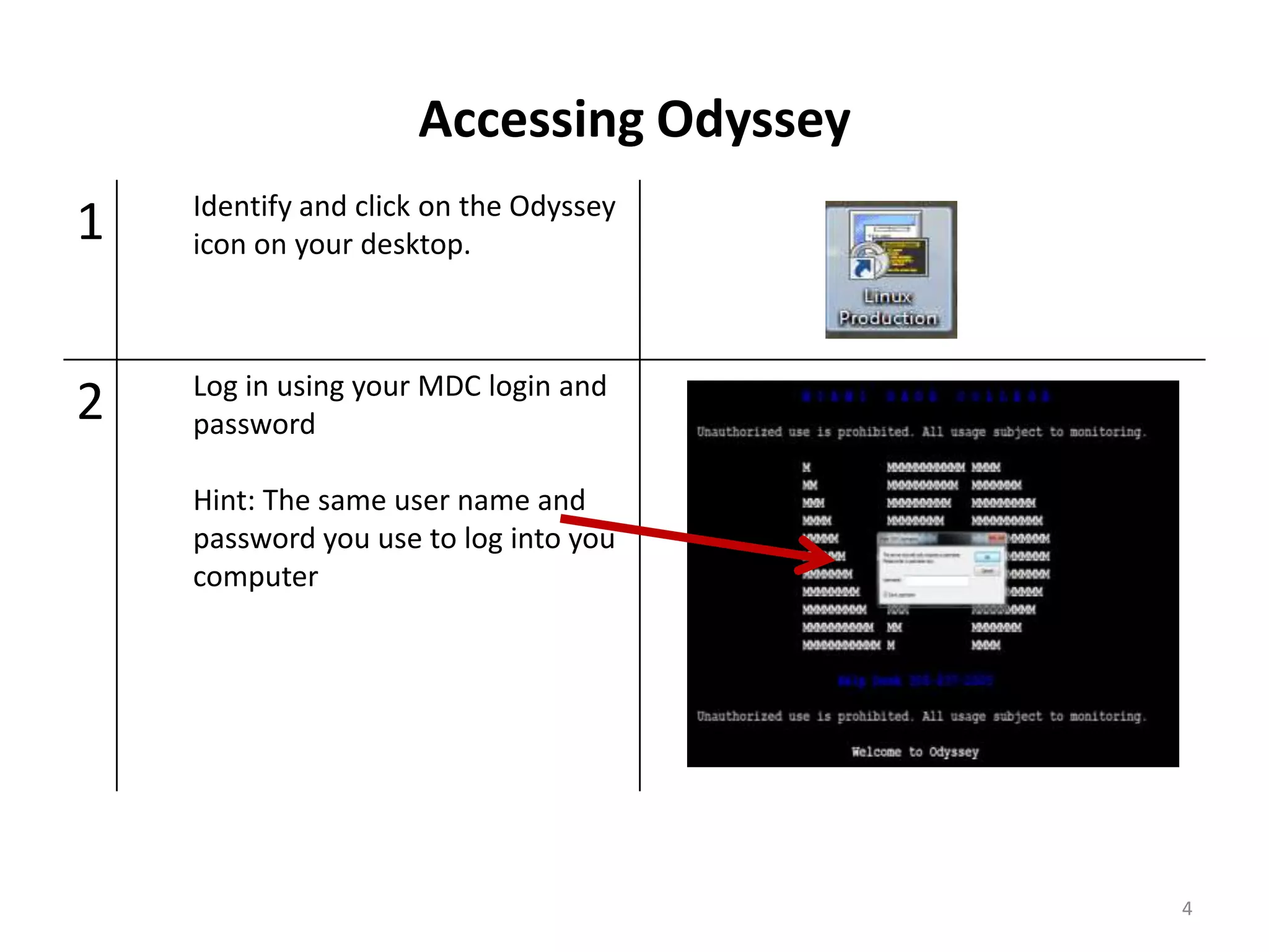 Accessing Odyssey
1 Identify and click on the Odyssey
icon on your desktop.
2 Log in using your MDC login and
password
Hint: The same user name and
password you use to log into you
computer
4
 