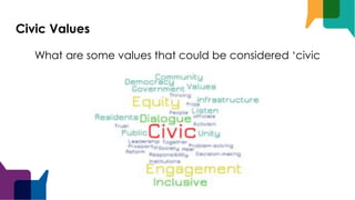 Civic Values
What are some values that could be considered ‘civic
values’?
 
