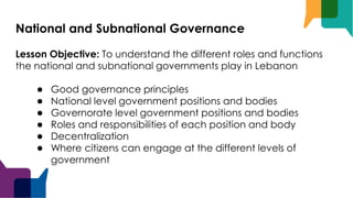 National and Subnational Governance
Lesson Objective: To understand the different roles and functions
the national and subnational governments play in Lebanon
● Good governance principles
● National level government positions and bodies
● Governorate level government positions and bodies
● Roles and responsibilities of each position and body
● Decentralization
● Where citizens can engage at the different levels of
government
 