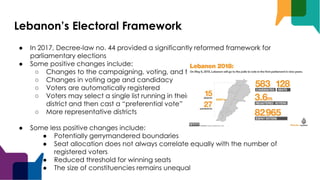 Lebanon’s Electoral Framework
● In 2017, Decree-law no. 44 provided a significantly reformed framework for
parliamentary elections
● Some positive changes include:
○ Changes to the campaigning, voting, and tabulation
○ Changes in voting age and candidacy
○ Voters are automatically registered
○ Voters may select a single list running in their major
district and then cast a “preferential vote”
○ More representative districts
● Some less positive changes include:
● Potentially gerrymandered boundaries
● Seat allocation does not always correlate equally with the number of
registered voters
● Reduced threshold for winning seats
● The size of constituencies remains unequal
 