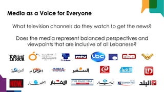 Media as a Voice for Everyone
What television channels do they watch to get the news?
Does the media represent balanced perspectives and
viewpoints that are inclusive of all Lebanese?
 