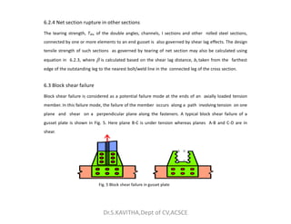 6.2.4 Net section rupture in other sections
The tearing strength, Tdn, of the double angles, channels, I sections and other rolled steel sections,
connected by one or more elements to an end gusset is also governed by shear lag effects. The design
tensile strength of such sections as governed by tearing of net section may also be calculated using
equation in 6.2.3, where  is calculated based on the shear lag distance, bs taken from the farthest
edge of the outstanding leg to the nearest bolt/weld line in the connected leg of the cross section.
6.3 Block shear failure
Block shear failure is considered as a potential failure mode at the ends of an axially loaded tension
member. In this failure mode, the failure of the member occurs along a path involving tension on one
plane and shear on a perpendicular plane along the fasteners. A typical block shear failure of a
plane and shear on a perpendicular plane along the fasteners. A typical block shear failure of a
gusset plate is shown in Fig. 5. Here plane B-C is under tension whereas planes A-B and C-D are in
shear.
A D
B C
Fig. 5 Block shear failure in gusset plate
Dr.S.KAVITHA,Dept of CV,ACSCE
 