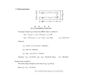(iii) Block shearfailure
30
60
30
30 60 60 30
Fig. 12 Failure of plate in block shear
The design strength Tdg of connection shall be taken as smaller of
Tdb1 = ( Avg fy /( 3 m0) + 0.9 Atn fu /m1 ) , OR
Tdb2 = ( 0.9 Avn fu /( 3 m1) + Atg fy /m0 ) Here, Avg = (150 x 8) 2 =
Tdb2 = ( 0.9 Avn fu /( 3 m1) + Atg fy /m0 ) Here, Avg = (150 x 8) 2 =
2400mm2
,
Avn = [(150 – 2.5 x 18) x 8] 2 = 1680mm2
,
Atg = (60 x 8) = 480 mm2
,
Atn = (60 – 1.0 x 18) x 8 = 336mm2
Therefore, Tdb1 = 411.69 kN and Tdb2 = 388.44 kN Hence Tdb = 388.44 kN
Design tensile strength Td
The tensile design strength Td is the least of Tdg, Tdn and Tdb
Hence, Td = Tdn = 193.54 kN
Dr.S.KAVITHA,Dept of CV,ACSCE
 
