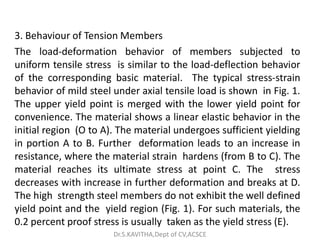 3. Behaviour of Tension Members
The load-deformation behavior of members subjected to
uniform tensile stress is similar to the load-deflection behavior
of the corresponding basic material. The typical stress-strain
behavior of mild steel under axial tensile load is shown in Fig. 1.
The upper yield point is merged with the lower yield point for
convenience. The material shows a linear elastic behavior in the
initial region (O to A). The material undergoes sufficient yielding
initial region (O to A). The material undergoes sufficient yielding
in portion A to B. Further deformation leads to an increase in
resistance, where the material strain hardens (from B to C). The
material reaches its ultimate stress at point C. The stress
decreases with increase in further deformation and breaks at D.
The high strength steel members do not exhibit the well defined
yield point and the yield region (Fig. 1). For such materials, the
0.2 percent proof stress is usually taken as the yield stress (E).
Dr.S.KAVITHA,Dept of CV,ACSCE
 