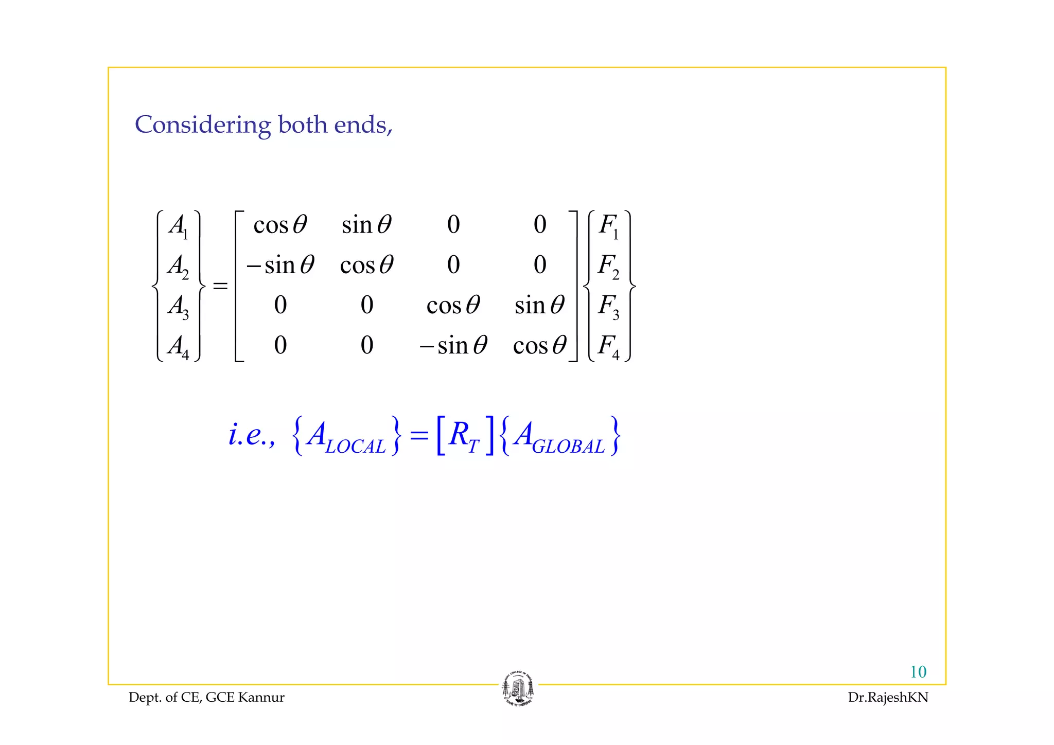 C id i b th dConsidering both ends,
1 1
2 2
cos sin 0 0
sin cos 0 0
A F
A F
θ θ
θ θ
⎧ ⎫ ⎧ ⎫⎡ ⎤
⎪ ⎪ ⎪ ⎪⎢ ⎥−⎪ ⎪ ⎪ ⎪⎢ ⎥=⎨ ⎬ ⎨ ⎬
3 3
4 4
0 0 cos sin
0 0 sin cos
A F
A F
θ θ
θ θ
⎢ ⎥=⎨ ⎬ ⎨ ⎬
⎢ ⎥⎪ ⎪ ⎪ ⎪
⎢ ⎥⎪ ⎪ ⎪ ⎪−⎩ ⎭ ⎣ ⎦ ⎩ ⎭
{ } [ ]{ }LOCAL T GLOBALi.e., A R A=
Dept. of CE, GCE Kannur Dr.RajeshKN
10
 