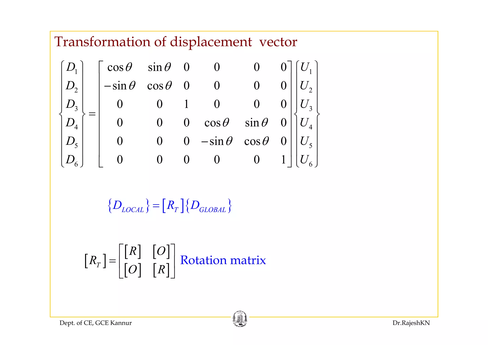 Transformation of displacement vector
1 1
2 2
cos sin 0 0 0 0
sin cos 0 0 0 0
D U
D U
θ θ
θ θ
⎧ ⎫ ⎧ ⎫⎡ ⎤
⎪ ⎪ ⎪ ⎪⎢ ⎥−
⎪ ⎪ ⎪ ⎪⎢ ⎥
3 3
4 4
0 0 1 0 0 0
0 0 0 cos sin 0
D U
D Uθ θ
⎪ ⎪ ⎪ ⎪⎢ ⎥
⎪ ⎪ ⎪ ⎪⎢ ⎥
=⎨ ⎬ ⎨ ⎬⎢ ⎥
⎪ ⎪ ⎪ ⎪⎢ ⎥
⎪ ⎪ ⎪ ⎪⎢ ⎥5 5
6 6
0 0 0 sin cos 0
0 0 0 0 0 1
D U
D U
θ θ⎪ ⎪ ⎪ ⎪⎢ ⎥−
⎪ ⎪ ⎪ ⎪⎢ ⎥
⎣ ⎦⎩ ⎭ ⎩ ⎭
{ } [ ]{ }LOCAL T GLOBALD R D=
[ ] [ ]R O⎡ ⎤
{ } [ ]{ }LOCAL T GLOBAL
[ ]
[ ] [ ]
[ ] [ ]T
R O
R
O R
⎡ ⎤
= ⎢ ⎥
⎣ ⎦
Rotation matrix
Dept. of CE, GCE Kannur Dr.RajeshKN
 