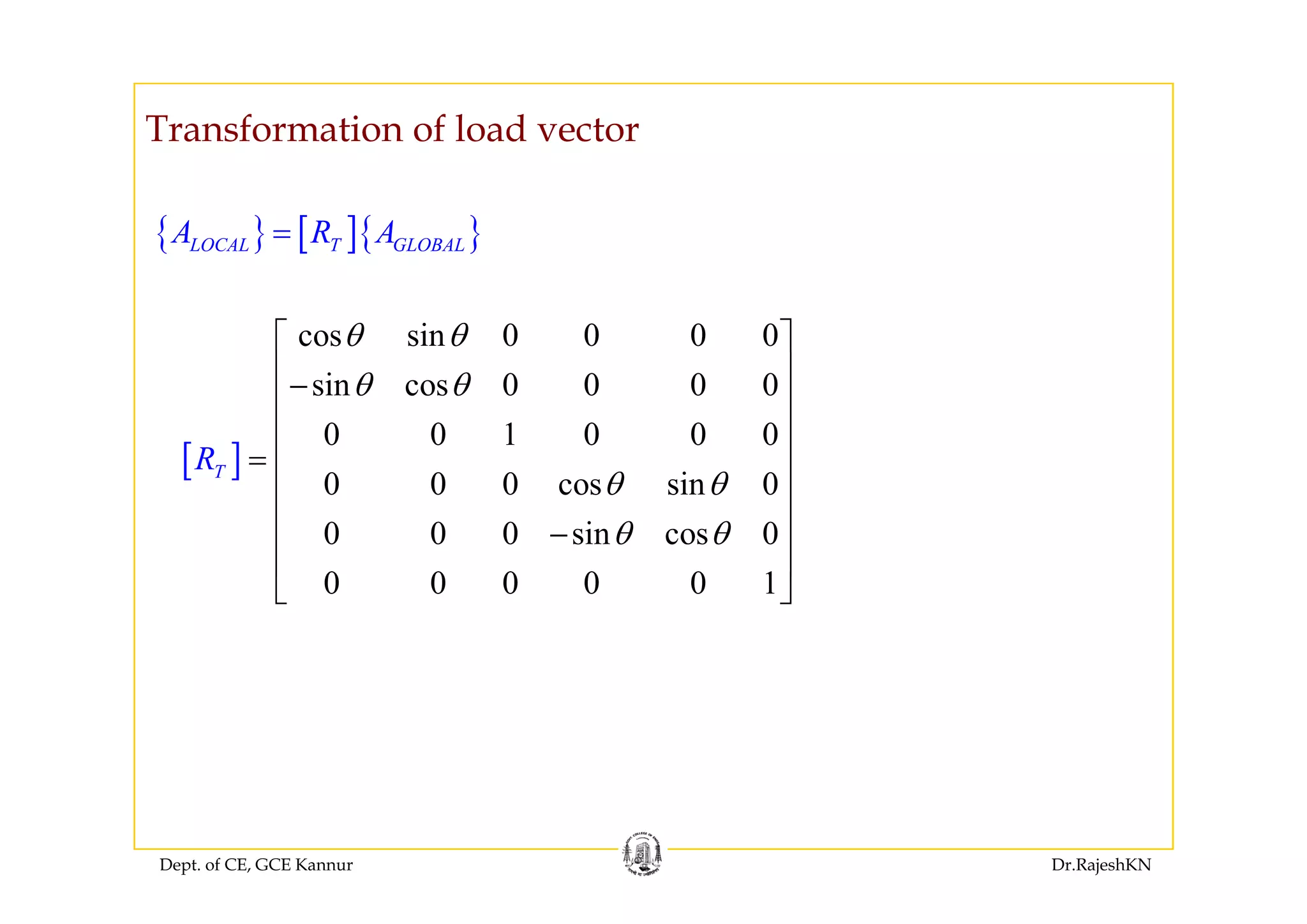 Transformation of load vector
{ } [ ]{ }LOCAL T GLOBALA R A={ } [ ]{ }
cos sin 0 0 0 0θ θ⎡ ⎤
⎢ ⎥
[ ]
sin cos 0 0 0 0
0 0 1 0 0 0
R
θ θ⎢ ⎥−
⎢ ⎥
⎢ ⎥
= ⎢ ⎥[ ]
0 0 0 cos sin 0
0 0 0 sin cos 0
TR
θ θ
θ θ
= ⎢ ⎥
⎢ ⎥
⎢ ⎥−
⎢ ⎥
0 0 0 0 0 1
⎢ ⎥
⎣ ⎦
Dept. of CE, GCE Kannur Dr.RajeshKN
 