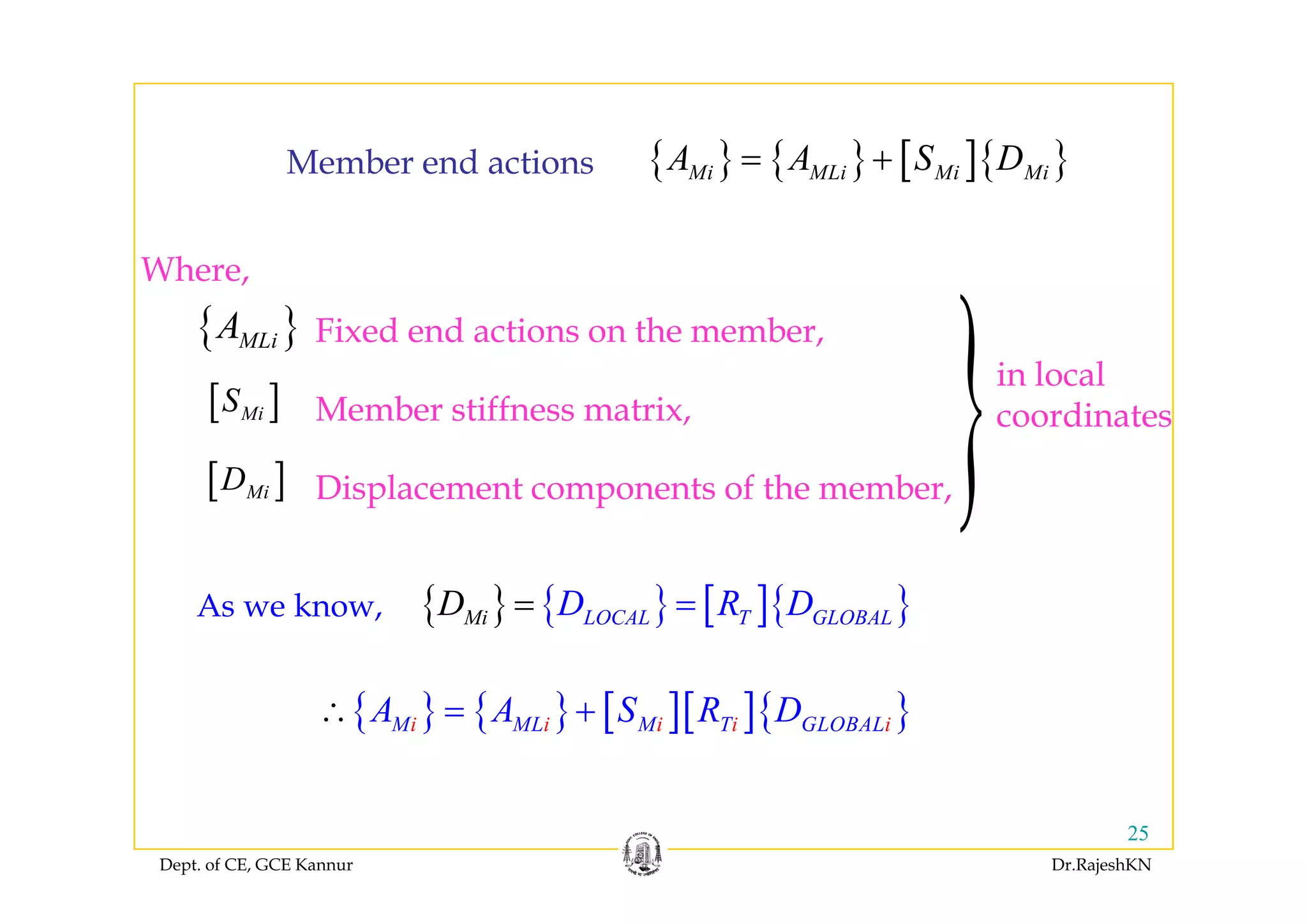 { } { } [ ]{ }A A S D{ } { } [ ]{ }Mi MLi Mi MiA A S D= +Member end actions
Where,
Fixed end actions on the member,{ }MLiA
Member stiffness matrix,[ ]MiS
[ ]
in local
coordinates
Displacement components of the member,[ ]MiD
{ } { } [ ]{ }LOCAL T GLOBALMi D R DD ==As we know,
{ } { } [ ][ ]{ }i i iM ML M i iT GLOBALA A S R D∴ = +
Dept. of CE, GCE Kannur Dr.RajeshKN
25
 