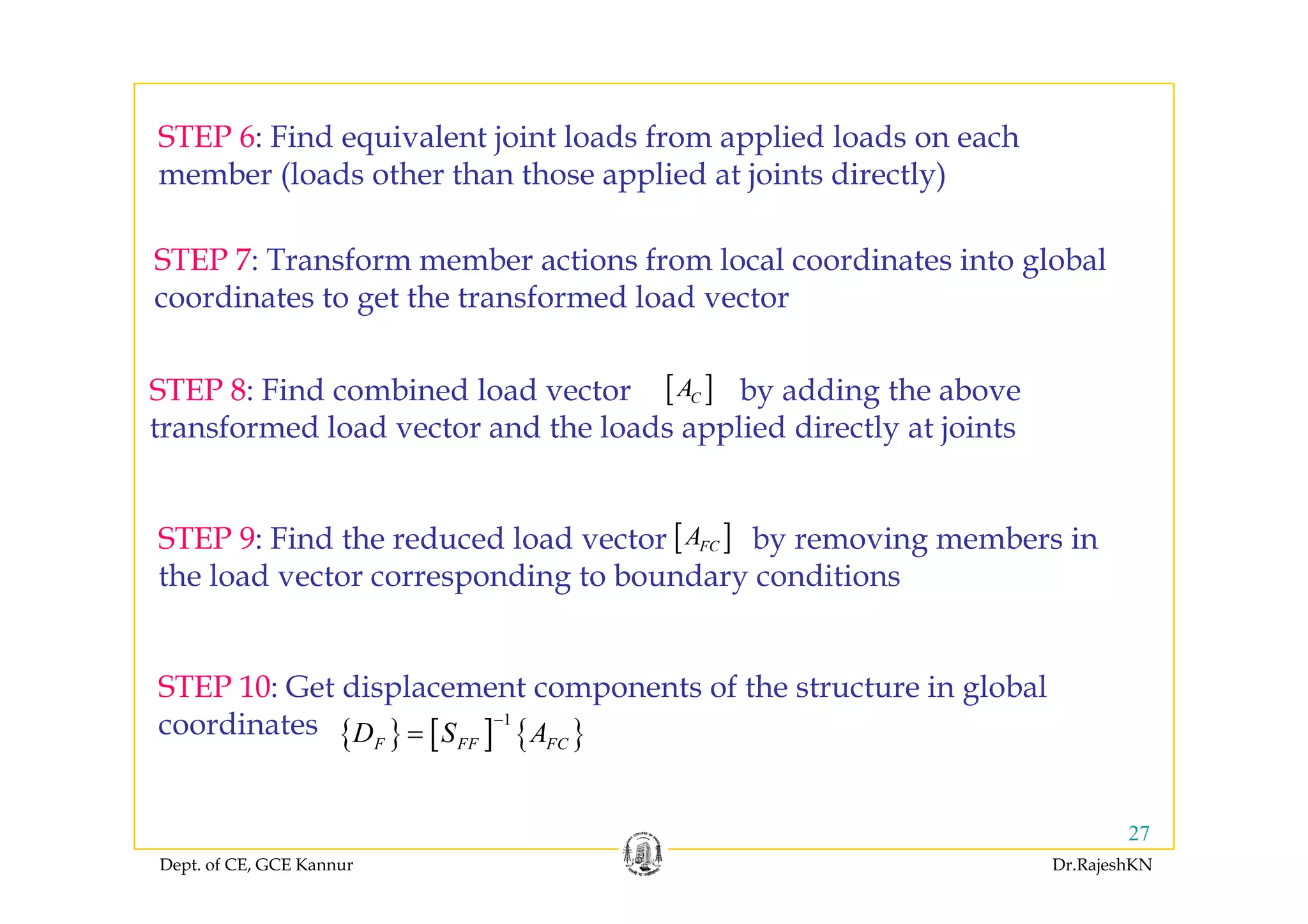 STEP 6: Find equivalent joint loads from applied loads on eachq j pp
member (loads other than those applied at joints directly)
STEP 7 T f b ti f l l di t i t l b lSTEP 7: Transform member actions from local coordinates into global
coordinates to get the transformed load vector
STEP 8: Find combined load vector by adding the above
transformed load vector and the loads applied directly at joints
[ ]CA
STEP 9: Find the reduced load vector by removing members in
h l d di b d di i
[ ]FCA
the load vector corresponding to boundary conditions
STEP 10: Get displacement components of the structure in global
coordinates { } [ ] { }
1
F FF FCD S A
−
=
Dept. of CE, GCE Kannur Dr.RajeshKN
27
 