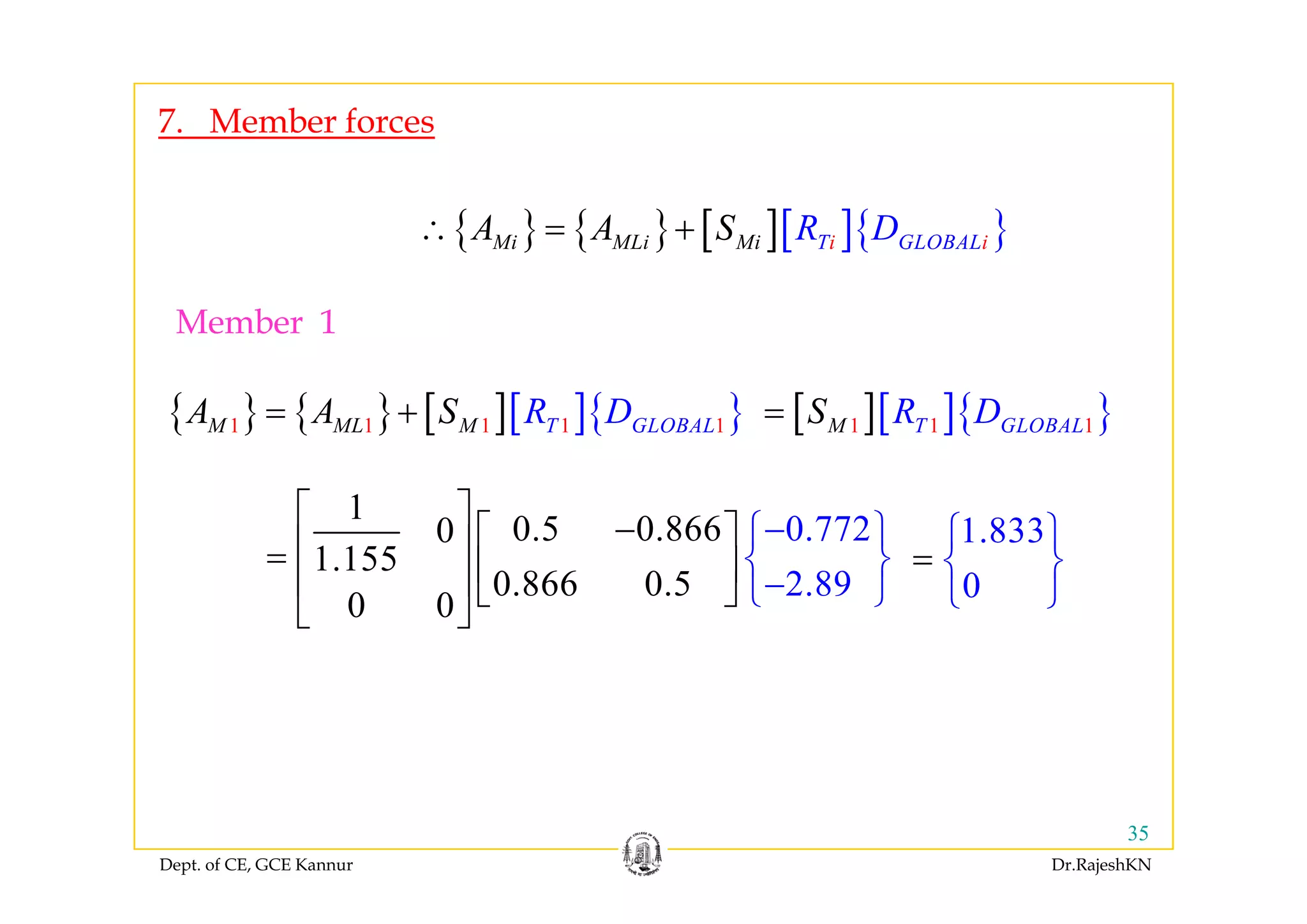 7. Member forces
{ } { } [ ][ ]{ }Mi MLi Mi iT GLOB iALR DA A S∴ = +
Member 1
{ } { } [ ][ ]{ }
{ } { } [ ][ ]{ }1 1 1 1 1TM M G LM L BAL OR DA A S= + [ ][ ]{ }1 1 1T GLOBALM R DS=
1
0.5 0.8660
1 155
0.772⎡ ⎤ −⎡ ⎤⎢ ⎥= ⎢ ⎥⎢
−⎧
⎥
⎫
⎨ ⎬
1.833
=
⎧ ⎫
⎨ ⎬1.155
0.866 0.5
0 0
2.89⎢ ⎥⎢ ⎥ ⎣ ⎦
⎣ ⎦
⎨ ⎬
−⎩ ⎭ 0
⎨ ⎬
⎩ ⎭
Dept. of CE, GCE Kannur Dr.RajeshKN
35
 