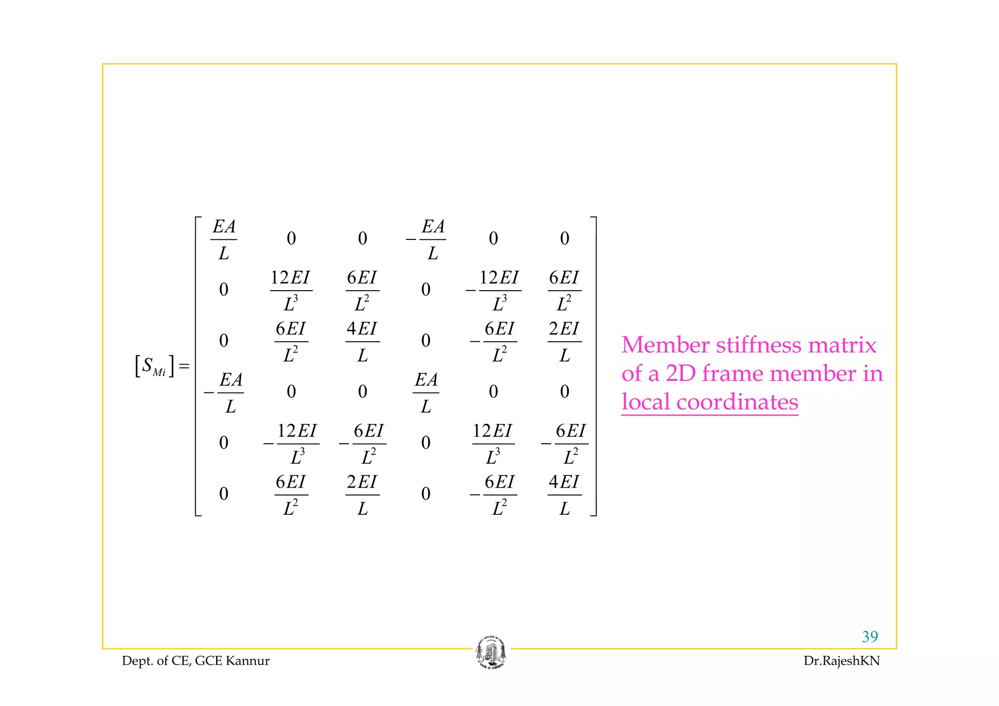 0 0 0 0
12 6 12 6
EA EA
L L
EI EI EI EI
⎡ ⎤
−⎢ ⎥
⎢ ⎥
⎢ ⎥
3 2 3 2
2 2
12 6 12 6
0 0
6 4 6 2
0 0
EI EI EI EI
L L L L
EI EI EI EI
L L L L
⎢ ⎥
⎢ ⎥−
⎢ ⎥
⎢ ⎥
⎢ ⎥−
⎢ ⎥
Member stiffness matrix
[ ]
0 0 0 0
12 6 12 6
Mi
L L L LS
EA EA
L L
EI EI EI EI
⎢ ⎥=
⎢ ⎥
−⎢ ⎥
⎢ ⎥
⎢ ⎥
of a 2D frame member in
local coordinates
3 2 3 2
2 2
12 6 12 6
0 0
6 2 6 4
0 0
EI EI EI EI
L L L L
EI EI EI EI
L L L L
⎢ ⎥− − −⎢ ⎥
⎢ ⎥
⎢ ⎥−
⎢ ⎥⎣ ⎦L L L L⎢ ⎥⎣ ⎦
Dept. of CE, GCE Kannur Dr.RajeshKN
39
 