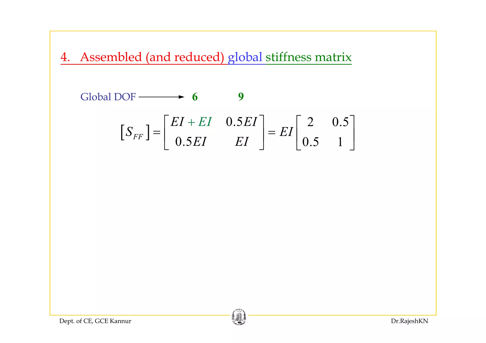 4 A bl d ( d d d) l b l tiff t i
6 9Gl b l DOF
4. Assembled (and reduced) global stiffness matrix
[ ]
0.5EI EI
S
IE⎡ + ⎤
= ⎢ ⎥
6 9Global DOF
2 0.5
EI
⎡ ⎤
= ⎢ ⎥[ ]
0.5FFS
EI EI
= ⎢ ⎥
⎣ ⎦ 0.5 1
EI= ⎢ ⎥
⎣ ⎦
Dept. of CE, GCE Kannur Dr.RajeshKN
 