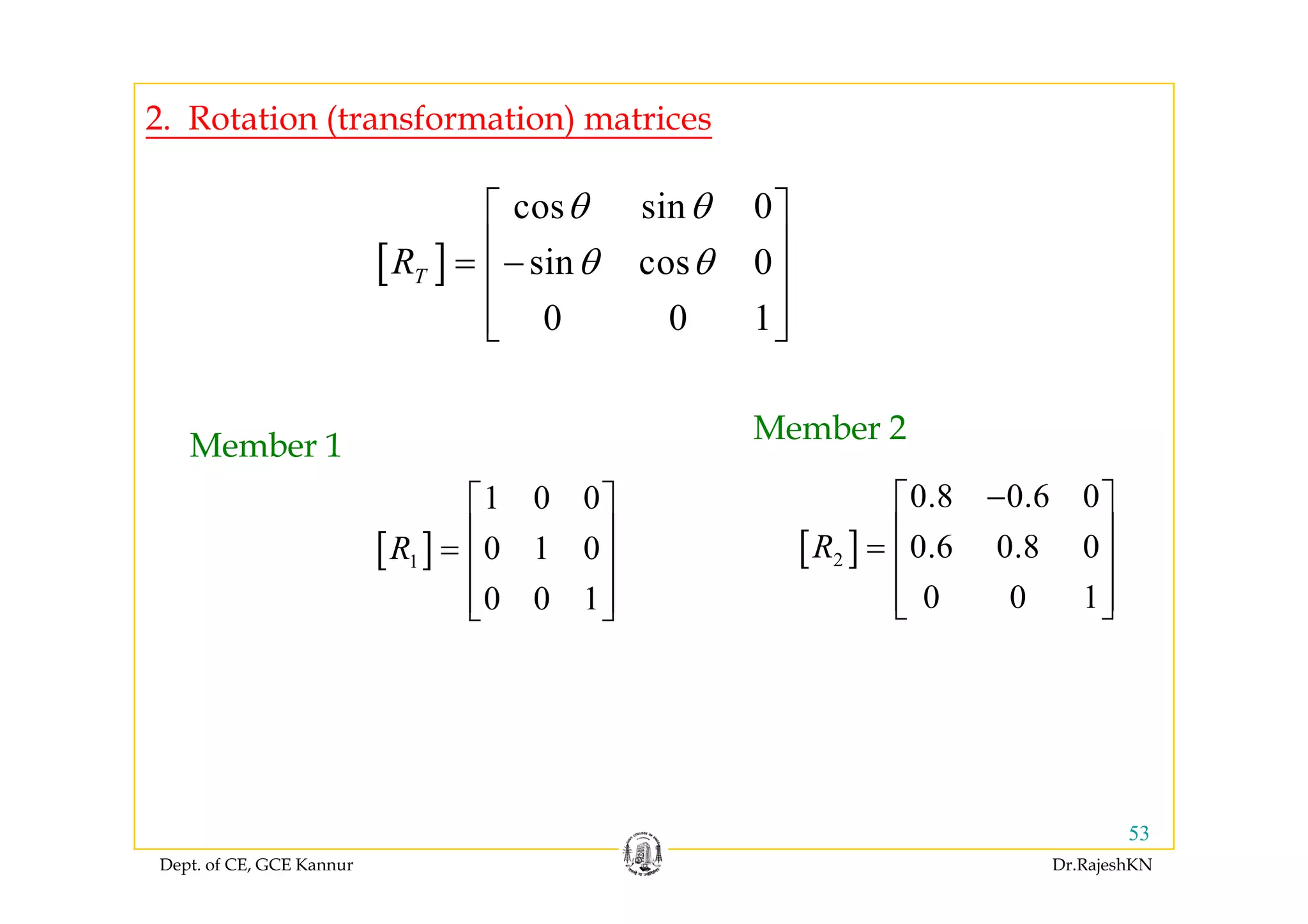 2. Rotation (transformation) matrices
[ ]
cos sin 0
i 0R
⎡ ⎤
⎢ ⎥
θ θ
θ θ[ ] sin cos 0
0 0 1
TR ⎢ ⎥= −
⎢ ⎥
⎢ ⎥⎣ ⎦
θ θ
Member 1
Member 2
[ ]2
0.8 0.6 0
0.6 0.8 0R
−⎡ ⎤
⎢ ⎥=
⎢ ⎥[ ]1
1 0 0
0 1 0R
⎡ ⎤
⎢ ⎥=
⎢ ⎥
[ ]
0 0 1
⎢ ⎥
⎢ ⎥⎣ ⎦
[ ]1
0 0 1
⎢ ⎥
⎢ ⎥⎣ ⎦
Dept. of CE, GCE Kannur Dr.RajeshKN
53
 