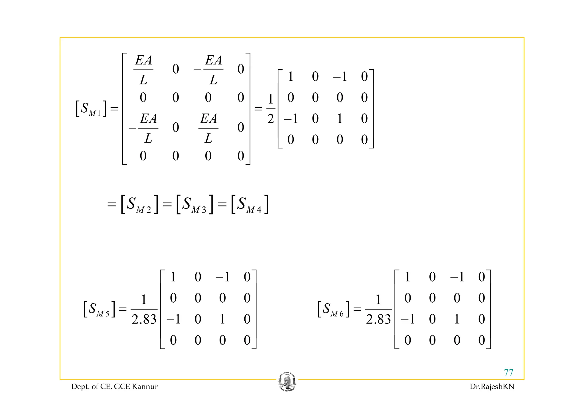 0 0
EA EA⎡ ⎤
[ ]1
0 0
1 0 1 0
0 0 0 0 0 0 0 01
M
L L
S
⎡ ⎤
−⎢ ⎥ −⎡ ⎤
⎢ ⎥ ⎢ ⎥
⎢ ⎥ ⎢ ⎥= =
⎢ ⎥ ⎢ ⎥
[ ]1
1 0 1 02
0 0
0 0 0 0
0 0 0 0
M
EA EA
L L
⎢ ⎥ −⎢ ⎥
−⎢ ⎥ ⎢ ⎥
⎣ ⎦⎢ ⎥
⎢ ⎥⎣ ⎦0 0 0 0⎢ ⎥⎣ ⎦
[ ] [ ] [ ]2 3 4S S S= = =[ ] [ ] [ ]2 3 4M M MS S S
1 0 1 0
0 0 0 01
−⎡ ⎤
⎢ ⎥
⎢ ⎥
1 0 1 0
0 0 0 01
−⎡ ⎤
⎢ ⎥
⎢ ⎥[ ]5
0 0 0 01
1 0 1 02.83
0 0 0 0
MS ⎢ ⎥=
−⎢ ⎥
⎢ ⎥
⎣ ⎦
[ ]6
0 0 0 01
1 0 1 02.83
0 0 0 0
MS ⎢ ⎥=
−⎢ ⎥
⎢ ⎥
⎣ ⎦
Dept. of CE, GCE Kannur Dr.RajeshKN
77
⎣ ⎦ ⎣ ⎦
 