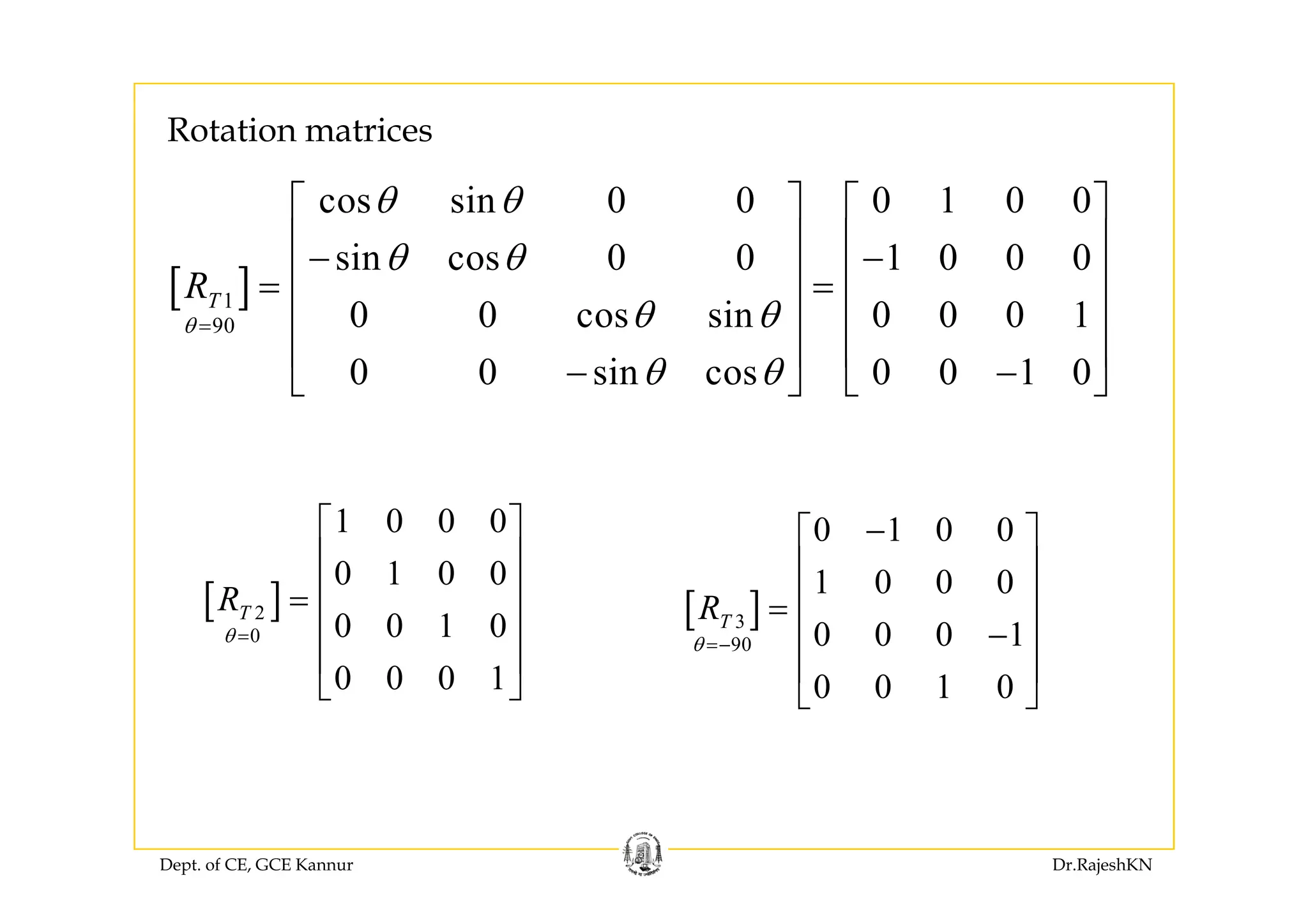 Rotation matrices
cos sin 0 0 0 1 0 0
sin cos 0 0 1 0 0 0
θ θ
θ θ
⎡ ⎤ ⎡ ⎤
⎢ ⎥ ⎢ ⎥
[ ]1
90
sin cos 0 0 1 0 0 0
0 0 cos sin 0 0 0 1
TR
θ
θ θ
θ θ=
⎢ ⎥ ⎢ ⎥− −
⎢ ⎥ ⎢ ⎥= =
⎢ ⎥ ⎢ ⎥
⎢ ⎥ ⎢ ⎥
0 0 sin cos 0 0 1 0θ θ⎢ ⎥ ⎢ ⎥
− −⎣ ⎦ ⎣ ⎦
0 1 0 0−⎡ ⎤
⎢ ⎥
1 0 0 0
0 1 0 0
⎡ ⎤
⎢ ⎥
[ ]3
90
1 0 0 0
0 0 0 1
TR
θ =−
⎢ ⎥
⎢ ⎥=
−⎢ ⎥
⎢ ⎥
[ ]2
0
0 1 0 0
0 0 1 0
0 0 0 1
TR
θ =
⎢ ⎥
⎢ ⎥=
⎢ ⎥
⎢ ⎥
⎣ ⎦ 0 0 1 0
⎢ ⎥
⎣ ⎦0 0 0 1
⎢ ⎥
⎣ ⎦
Dept. of CE, GCE Kannur Dr.RajeshKN
 