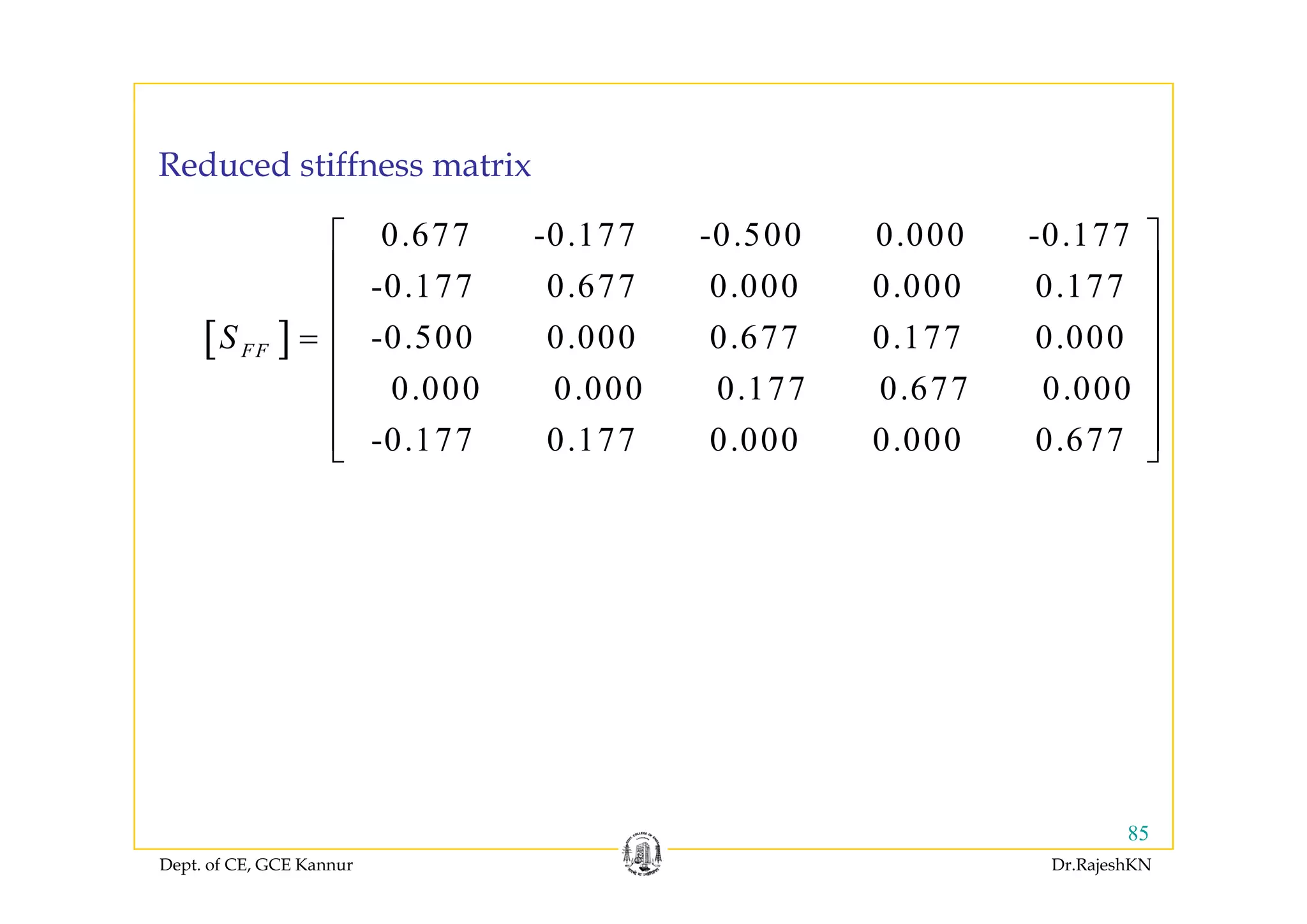 0.677 -0.177 -0.500 0.000 -0.177⎡ ⎤
⎢ ⎥
Reduced stiffness matrix
[ ]
-0.177 0.677 0.000 0.000 0.177
-0.500 0.000 0.677 0.177 0.000FFS =
⎢ ⎥
⎢ ⎥
⎢ ⎥
⎢ ⎥
[ ]
0.000 0.000 0.177 0.677 0.000
-0.177 0.177 0.000 0.000 0.677
⎢ ⎥
⎢ ⎥
⎢ ⎥⎣ ⎦⎣ ⎦
Dept. of CE, GCE Kannur Dr.RajeshKN
85
 
