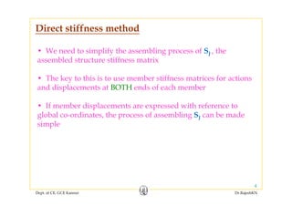 Direct stiffness method
• We need to simplify the assembling process of SJ , theJ
assembled structure stiffness matrix
• The key to this is to use member stiffness matrices for actionsThe key to this is to use member stiffness matrices for actions
and displacements at BOTH ends of each member
If b di l d i h f• If member displacements are expressed with reference to
global co-ordinates, the process of assembling SJ can be made
simplesimple
Dept. of CE, GCE Kannur Dr.RajeshKN
4
 