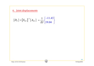 6 Joint displacements
11 431 ⎧ ⎫
6. Joint displacements
{ } [ ] { }
1
F FF FCD S A
−
=
11.43
19.04
1
EI
−⎧
=
⎫
⎨ ⎬
⎩ ⎭
Dept. of CE, GCE Kannur Dr.RajeshKN
44
 