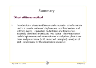 Summary
Direct stiffness method
Summary
• Introduction – element stiffness matrix – rotation transformation
matrix – transformation of displacement and load vectors and
stiffness matrix – equivalent nodal forces and load vectors –
assembly of stiffness matrix and load vector – determination ofassembly of stiffness matrix and load vector determination of
nodal displacement and element forces – analysis of plane truss
beam and plane frame (with numerical examples) – analysis of
grid space frame (without numerical examples)grid – space frame (without numerical examples)
Dept. of CE, GCE Kannur Dr.RajeshKN
75
 