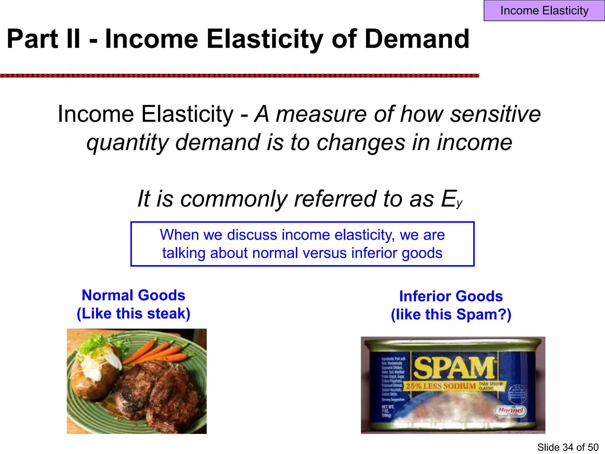 Part II - Income Elasticity of Demand
Income Elasticity - A measure of how sensitive
quantity demand is to changes in income
It is commonly referred to as Ey
Normal Goods
(Like this steak)
Inferior Goods
(like this Spam?)
Income Elasticity
When we discuss income elasticity, we are
talking about normal versus inferior goods
Slide 34 of 50
 