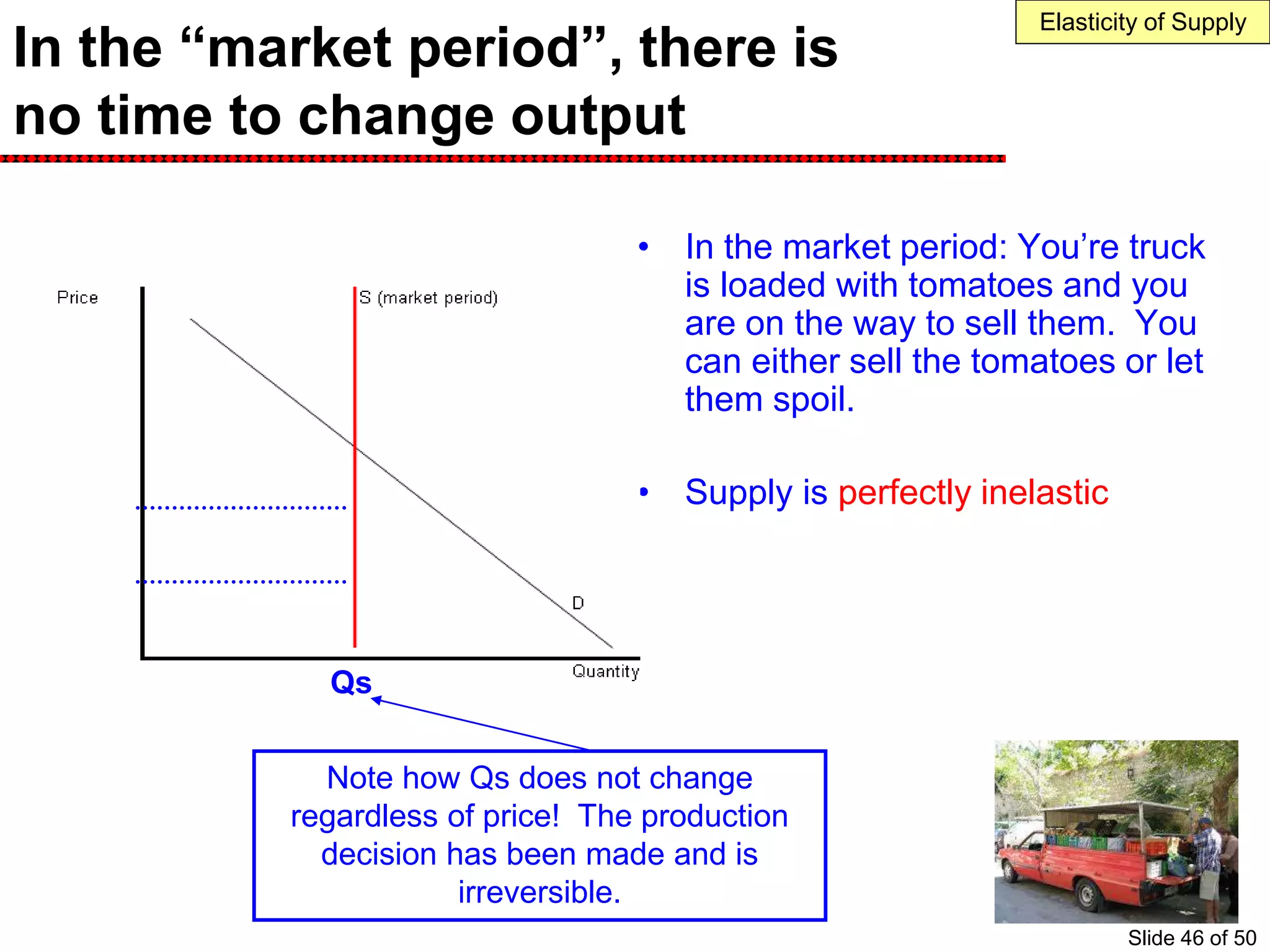 In the “market period”, there is
no time to change output
• In the market period: You’re truck
is loaded with tomatoes and you
are on the way to sell them. You
can either sell the tomatoes or let
them spoil.
• Supply is perfectly inelastic
Note how Qs does not change
regardless of price! The production
decision has been made and is
irreversible.
Qs
Elasticity of Supply
Slide 46 of 50
 