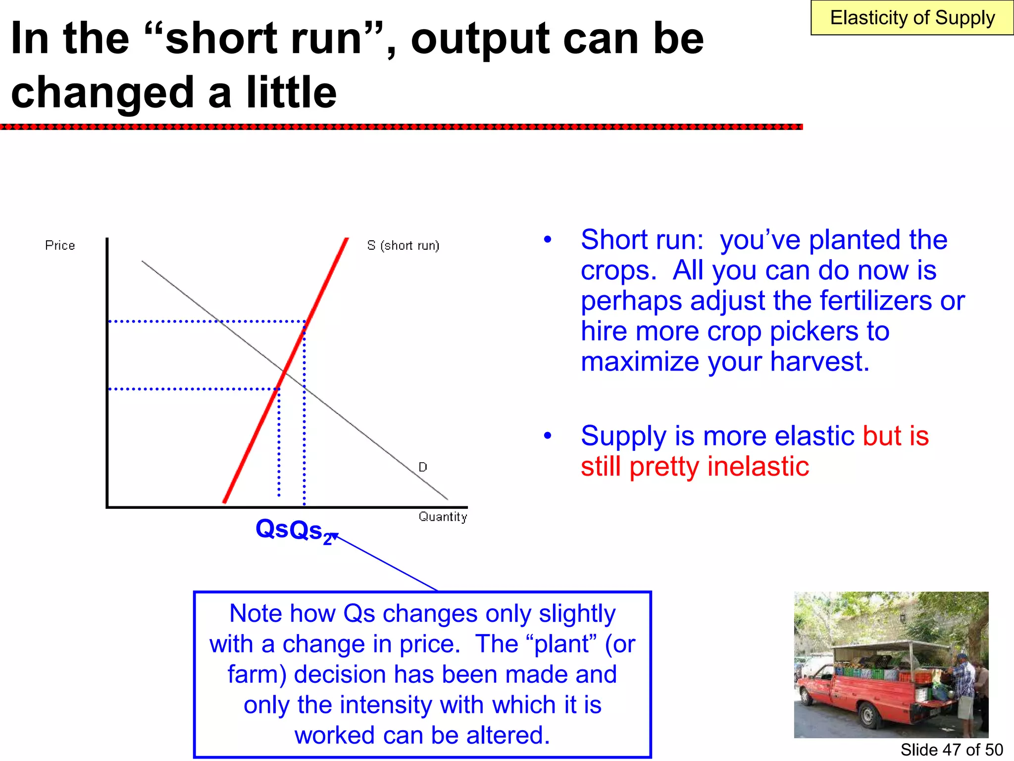In the “short run”, output can be
changed a little
• Short run: you’ve planted the
crops. All you can do now is
perhaps adjust the fertilizers or
hire more crop pickers to
maximize your harvest.
• Supply is more elastic but is
still pretty inelastic
Note how Qs changes only slightly
with a change in price. The “plant” (or
farm) decision has been made and
only the intensity with which it is
worked can be altered.
QsQs2
Elasticity of Supply
Slide 47 of 50
 