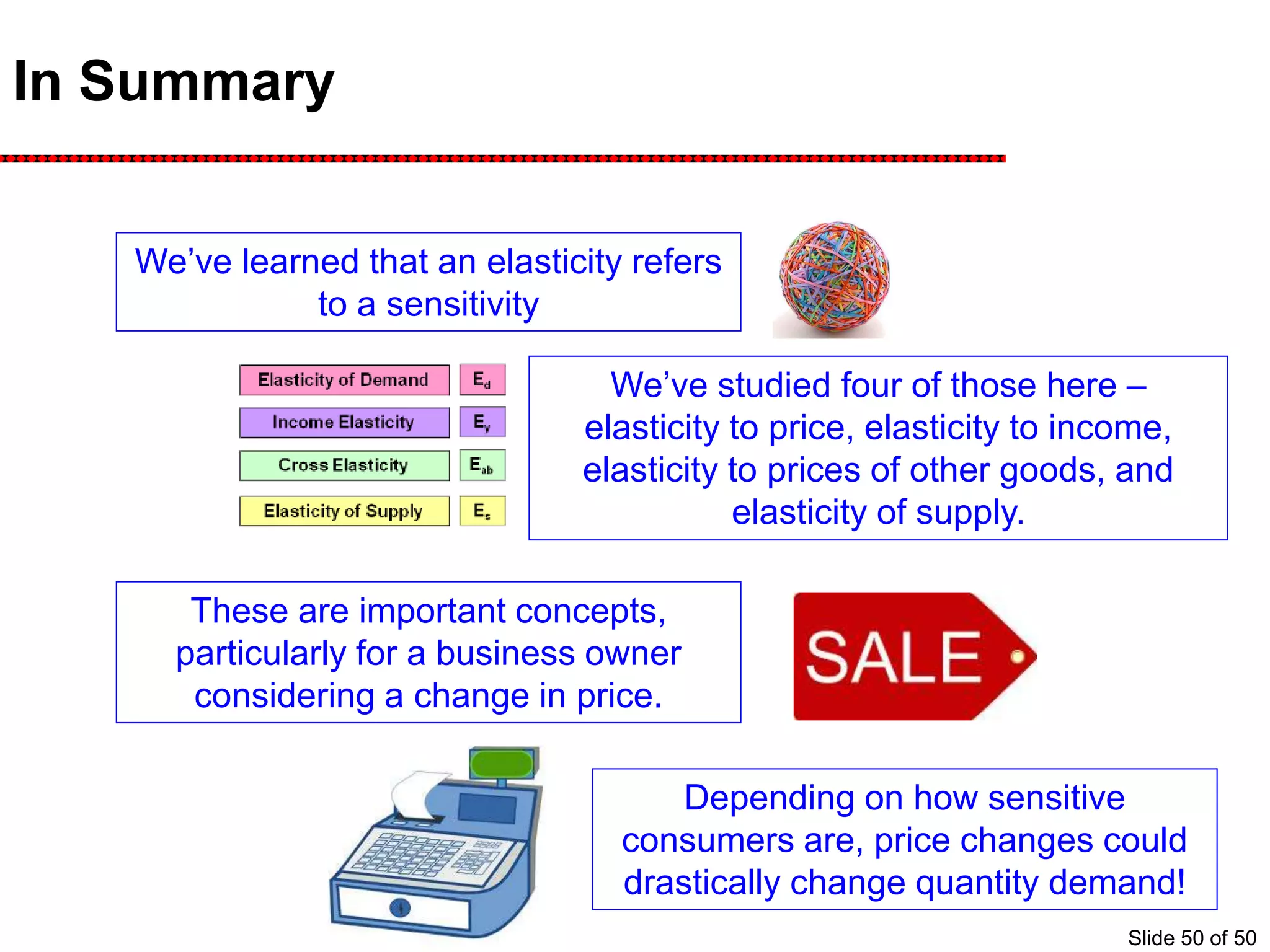 In Summary
We’ve learned that an elasticity refers
to a sensitivity
We’ve studied four of those here –
elasticity to price, elasticity to income,
elasticity to prices of other goods, and
elasticity of supply.
These are important concepts,
particularly for a business owner
considering a change in price.
Depending on how sensitive
consumers are, price changes could
drastically change quantity demand!
Slide 50 of 50
 