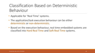 Classification Based on Deterministic
Behaviour
• Applicable for ‘Real Time’ systems.
• The application/task execution behaviour can be either
deterministic or non-deterministic.
• Based on the execution behaviour, real time embedded systems are
classified into Hard Real Time and Soft Real Time systems.
18
Shrishail Bhat, Dept. of ECE, AITM Bhatkal
 