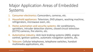 Major Application Areas of Embedded
Systems
1. Consumer electronics: Camcorders, cameras, etc.
2. Household appliances: Television, DVD players, washing machine,
refrigerators, microwave oven, etc.
3. Home automation and security systems: Air conditioners,
sprinklers, intruder detection alarms, closed circuit television
(CCTV) cameras, fire alarms, etc.
4. Automotive industry: Anti-lock braking systems (ABS), engine
control, ignition systems, automatic navigation systems, etc.
5. Telecom: Cellular telephones, telephone switches, handset
multimedia applications, etc.
20
Shrishail Bhat, Dept. of ECE, AITM Bhatkal
 