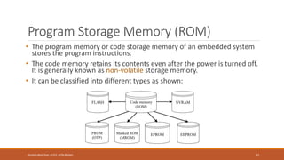 Program Storage Memory (ROM)
• The program memory or code storage memory of an embedded system
stores the program instructions.
• The code memory retains its contents even after the power is turned off.
It is generally known as non-volatile storage memory.
• It can be classified into different types as shown:
47
Shrishail Bhat, Dept. of ECE, AITM Bhatkal
 