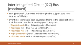 Inter Integrated Circuit (I2C) Bus
(continued)
• First generation I2C devices were designed to support data rates
only up to 100kbps.
• Over time, there have been several additions to the specification so
that there are now five operating speed categories:
• Standard mode (Sm – Data rate up to 100kbit/sec)
• Fast mode (Fm – Data rate up to 400kbit/sec)
• Fast mode Plus (Fm+ – Data rate up to 1Mbit/sec)
• High speed mode (Hsm – Data rate up to 3.4Mbit/sec)
• Ultra Fast mode (UFm – Data rate up to 5Mbit/sec)
80
Shrishail Bhat, Dept. of ECE, AITM Bhatkal
 