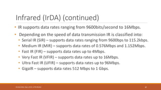 Infrared (IrDA) (continued)
• IR supports data rates ranging from 9600bits/second to 16Mbps.
• Depending on the speed of data transmission IR is classified into:
• Serial IR (SIR) – supports data rates ranging from 9600bps to 115.2kbps.
• Medium IR (MIR) – supports data rates of 0.576Mbps and 1.152Mbps.
• Fast IR (FIR) – supports data rates up to 4Mbps.
• Very Fast IR (VFIR) – supports data rates up to 16Mbps.
• Ultra Fast IR (UFIR) – supports data rates up to 96Mbps.
• GigaIR – supports data rates 512 Mbps to 1 Gbps.
87
Shrishail Bhat, Dept. of ECE, AITM Bhatkal
 