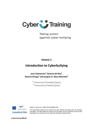 Module 3
Introduction to Cyberbullying
Juan Calmaestra1
, Rosario del Rey1
,
Rosario Ortega1
and Joaquín A. Mora-Merchán2
(1)
University of Cordoba (Spain)
(2)
University of Seville (Spain)
Project N° 142237-LLP-1-2008-1-DE-LEONARDO-LMP
The CyberTraining project and its outcomes has been founded with support form the European
Commission. This report reflects the views only of the authors, and the Commission cannot be held
responsible for any use which may be made of the information contained therein.
© CyberTraining 2008-201
 