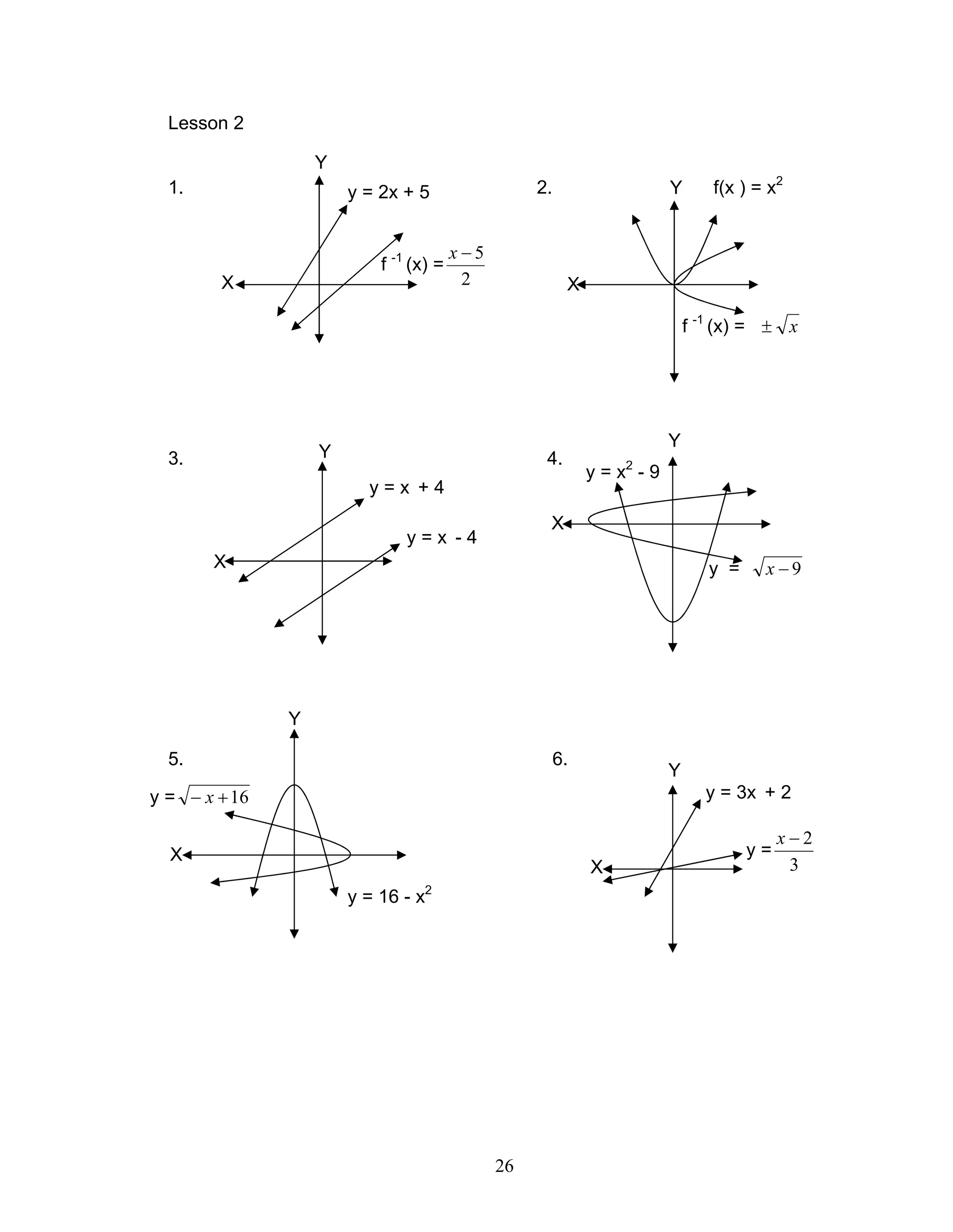 26
Lesson 2
1. 2. f(x ) = x2
f -1
(x) =
2
5−x
f -1
(x) = x±
3. 4.
5. 6.
y = x2
- 9
Y
Y
Y
Y
Y
Y
X
y = 2x + 5
X
X
X
X
X
y = x + 4
y = x - 4
y = 9−x
y = 16+− x
y = 16 - x2
y =
3
2−x
y = 3x + 2
 