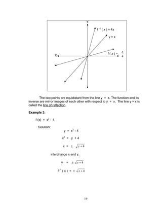 19
The two points are equidistant from the line y = x. The function and its
inverse are mirror images of each other with respect to y = x. The line y = x is
called the line of reflection.
Example 3:
f (x) = x2
- 4
Solution:
y = x2
- 4
x2
= y + 4
x = ± 4+y
interchange x and y.
y = ± 4+x
f -1
( x ) = ± 4+x
f -1
( x ) = 4x
y = x
f ( x ) =
4
x
X
Y
 