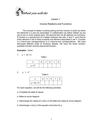 3
What you will do
Lesson 1
Inverse Relations and Functions
The concept of relation involves pairing and the manner or action by which
the elements in a pair are associated. In mathematics we define relation as any
set of one or more ordered pairs. We learned that not all relations are functions.
A function is a special kind of a relation between two sets, X and Y, such that for
every element in set X there is exactly one element associated in set Y. Function
is a one-to-one correspondence or a many-to-one correspondence. We have
discussed different kinds of functions already. We have the linear function,
quadratic function and the polynomial function.
Examples: Given:
1. y = 3x + 5
Table I
2. y = x2
Table II
For each equation, we will do the following activities.
a. Complete the table of values.
b. Make an arrow diagram.
c. Interchange the values of x and y in the table and make an arrow diagram.
d. Interchange x and y in the equation and solve for y.
x -2 -1 0 1 2
y = x2
x -2 -1 0 1 2
y = 3x + 5
 