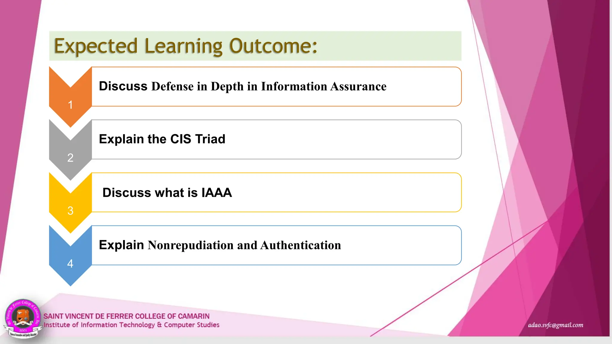 1
Discuss Defense in Depth in Information Assurance
2
Explain the CIS Triad
3
Discuss what is IAAA
4
Explain Nonrepudiation and Authentication
Expected Learning Outcome:
 
