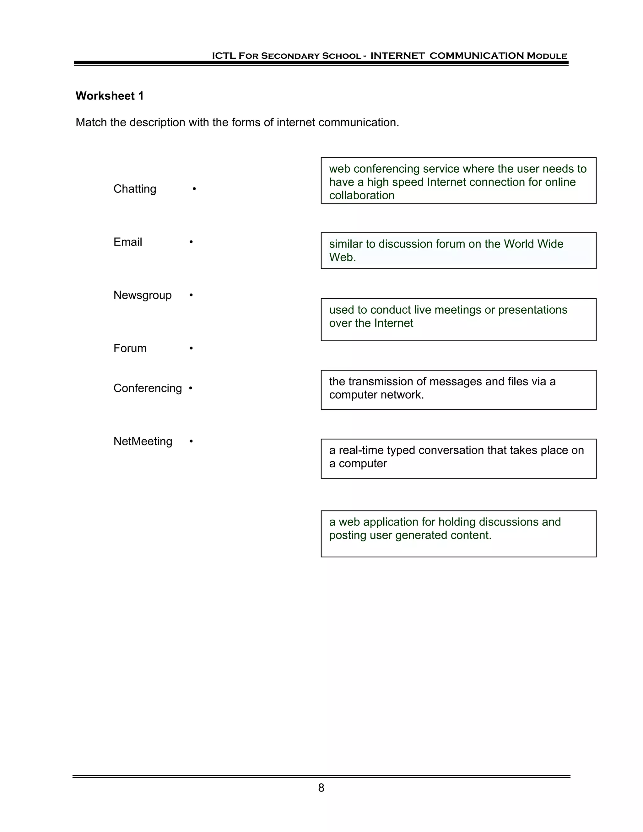 ICTL For Secondary School - INTERNET COMMUNICATION Module



Worksheet 1

Match the description with the forms of internet communication.



                                                   web conferencing service where the user needs to
                                                   have a high speed Internet connection for online
       Chatting       •                                      •
                                                   collaboration



       Email          •                            similar to discussion forum on the World Wide
                                                   Web.


       Newsgroup      •
                                                   used to conduct live meetings or presentations
                                                   over the Internet

       Forum          •

                                                   the transmission of messages and files via a
       Conferencing •
                                                   computer network.



       NetMeeting     •
                                                   a real-time typed conversation that takes place on
                                                   a computer




                                                   a web application for holding discussions and
                                                   posting user generated content.




                                               8
 