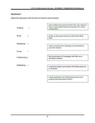 ICTL For Secondary School - INTERNET COMMUNICATION Module



Worksheet 1

Match the description with the forms of internet...