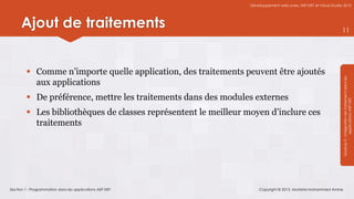 Développement web avec ASP.NET et Visual Studio 2012




      Ajout de traitements                                                                                       11




          Comme n’importe quelle application, des traitements peuvent être ajoutés




                                                                                                                 Module 3 : Intégration de traitement dans les
           aux applications
          De préférence, mettre les traitements dans des modules externes




                                                                                                                             applications ASP.NET
          Les bibliothèques de classes représentent le meilleur moyen d’inclure ces
           traitements




Section 1 : Programmation dans les applications ASP.NET               Copyright © 2013, Mostefai Mohammed Amine
 
