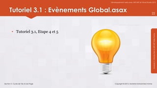 Développement web avec ASP.NET et Visual Studio 2012




      Tutoriel 3.1 : Evènements Global.asax                                           22




        • Tutoriel 3.1, Etape 4 et 5




                                                                                       Module 2 : Introduction à ASP.NET Web Forms
Section 3 : Cycle de Vie d’une Page        Copyright © 2013, Mostefai Mohammed Amine
 