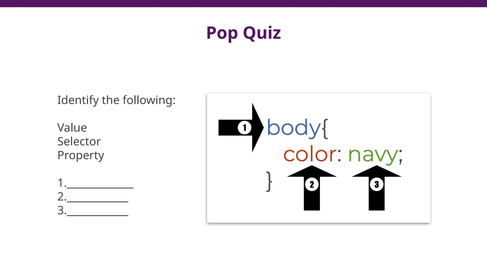 Pop Quiz
Identify the following:
Value
Selector
Property
1._____________
2.____________
3.____________
 