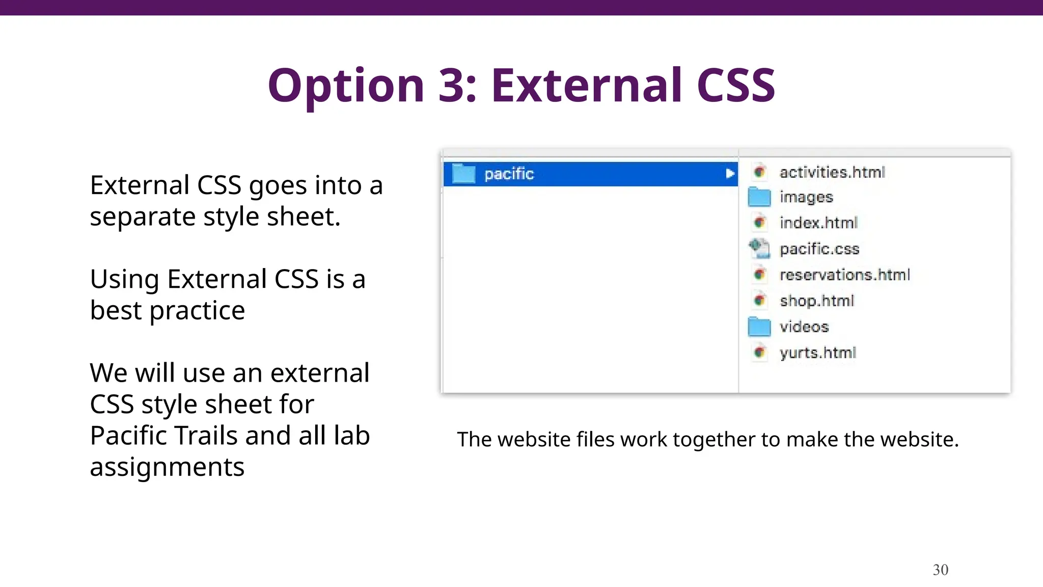 Option 3: External CSS
30
External CSS goes into a
separate style sheet.
Using External CSS is a
best practice
We will use an external
CSS style sheet for
Pacific Trails and all lab
assignments
The website files work together to make the website.
 