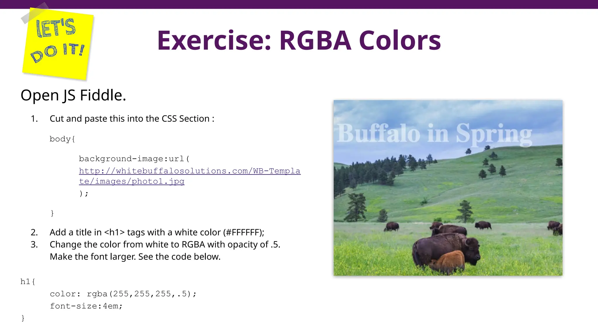 Exercise: RGBA Colors
Open JS Fiddle.
1. Cut and paste this into the CSS Section :
body{
background-image:url(
http://whitebuffalosolutions.com/WB-Templa
te/images/photo1.jpg
);
}
2. Add a title in <h1> tags with a white color (#FFFFFF);
3. Change the color from white to RGBA with opacity of .5.
Make the font larger. See the code below.
h1{
color: rgba(255,255,255,.5);
font-size:4em;
}
46
 