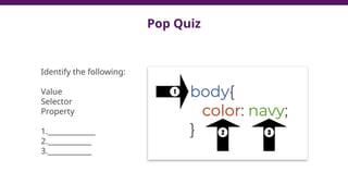 Pop Quiz
Identify the following:
Value
Selector
Property
1._____________
2.____________
3.____________
 